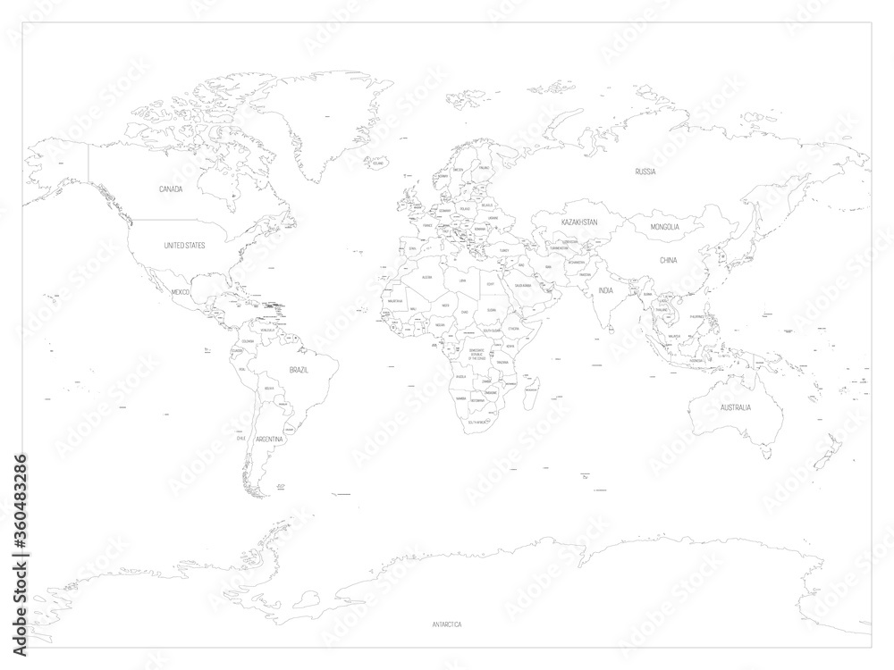 Poster map of world. detailed thin black outline political map with country names. vector map - Posters