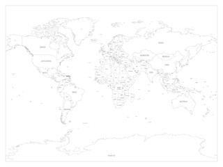 Map of World. Detailed thin black outline political map with country names. Vector map