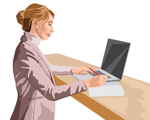 Blonde woman dressed in pink jacket and sweater working at her laptop