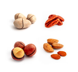 A set of different nuts in a pile, unpeeled pecan, macadamia, almond peeled pecan, isolated on white background.