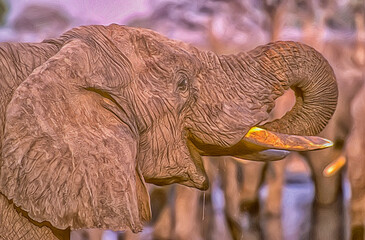 Elephant drinking, head shot, oil painting