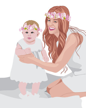 Joyful mom and her child wearing white dresses and floral crowns on head