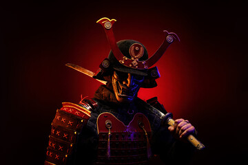 Portrait of a samurai in red armor in profile, his katana on his shoulder - obrazy, fototapety, plakaty