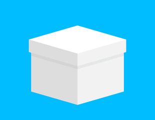 gift box square white for template design, closed box white isolated on blue background, single white case for gift present, blank box for greeting text concept, white gift box closed for icon 3d cube