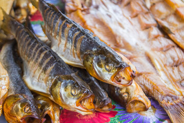 Smoked fish at the market in Vylkove. Ukraine