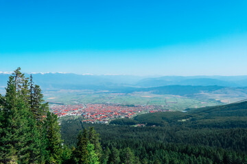 Village in a mountain landscape. Europe, Bulgaria, Bansko. Ski resort city panoramic view.