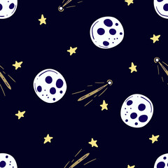 seamless pattern with hand drawn moon and shooting stars.
