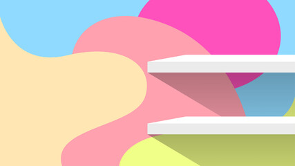 plank shelf white on wall blob shape pastel color for product display, background wall blob shape pattern and table shelves shelf for cosmetics ad pastel soft, plank on wall pastel color