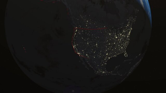 Seamless Looping 3d animated earth showing the boarders of the USA and the state Delaware at night in 4K resolution