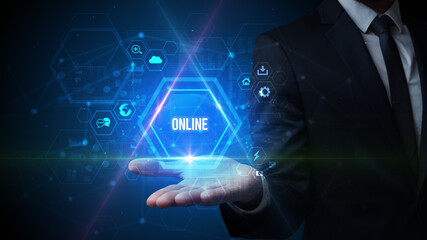 Obraz premium Man hand holding ONLINE inscription, social media concept