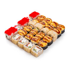 Japanese cuisine. Seafood, vegetables and meat. Sushi and rolls big set isolation on a white background