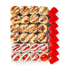 Japanese cuisine. Seafood, vegetables and meat. Sushi and rolls big set isolation on a white background