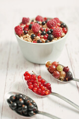 Colorful fresh berries on white background. Oatmeal with berries currants, raspberries, gooseberries. Vitamins, Diet. Copy space. Healthly food, detox. Cozy good morning! Summer Healthy breakfast