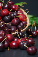 cherries in a bowl with black background