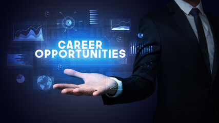 Hand of Businessman holding CAREER OPPORTUNITIES inscription, business success concept