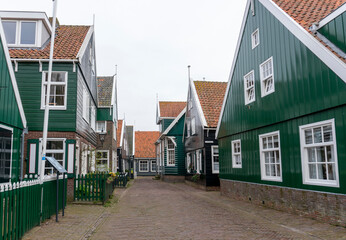 Typical Dutch village with beautiful wooden houses on the island of Marken in the Netherlands, Holland