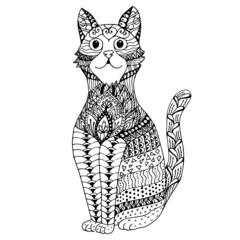 Vector zentangle handdrawn black white cat illustration drawing for print tshirts coloring books 