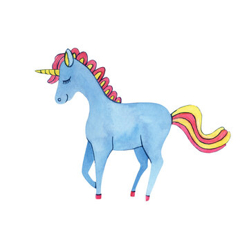 Watercolor blue unicorn with yellow pink mane . Hand painted illustration  isolated on white background. Great for kids design.