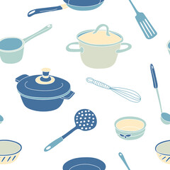 Vector seamless pattern with kitchen cooking tools and utensil. Saucepan, spatula, frying pan, whisk, ladle, bowl, whisk, skimmer. Illustration isolated on white. Great for fabrics, wrapping papers.