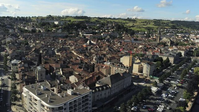 Aurillac city center - aerial frontal travelling