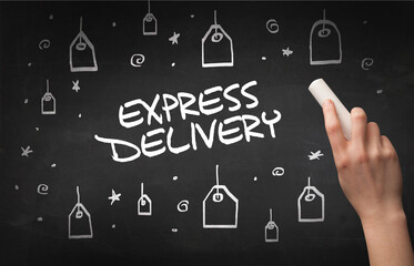 Hand drawing EXPRESS DELIVERY inscription with white chalk on blackboard, online shopping concept