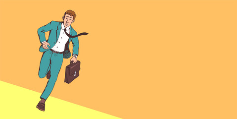 The businessman is late and runs at full speed. In the hand is a briefcase. Vector illustration banner in comic style. Place for text.