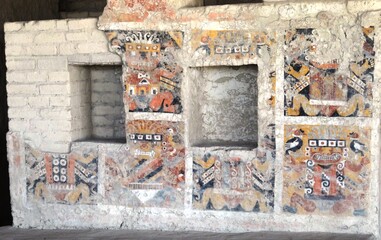 Polychrome reliefs with zoomorph and anthropomorph themes of the mochica culture at El Brujo...