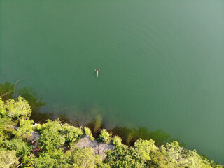 Aerial view of a swimming woman in clear emerald green lake Boetzsee