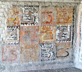 Polychrome reliefs with zoomorph and anthropomorph themes of the mochica culture at El Brujo (Chicama valley, Peru)