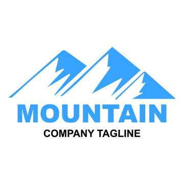 Mountain logo design with forest background blue color. Mountain icon, symbol for outdoor adventure