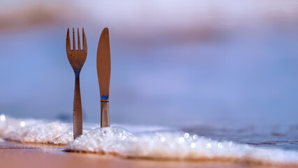 Knife and fork, the beach and the ocean