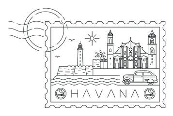 Minimal Havana stamp, linear vector illustration and typography design, Cuba