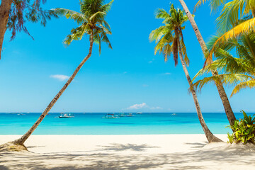Beautiful landscape of tropical beach on Boracay island, Philippines. Coconut palm trees, sea,...