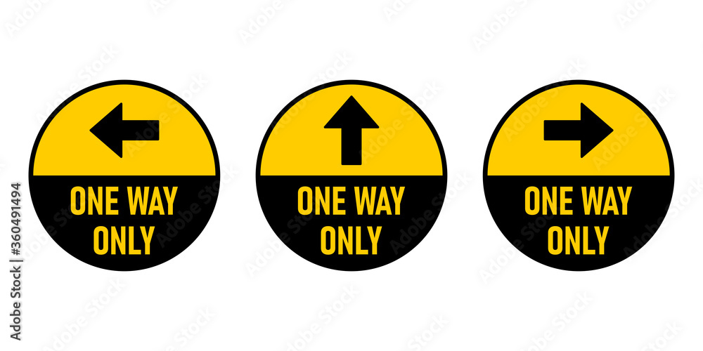 Poster set of one way only round floor marking sticker icon with direction arrow and text. vector image.