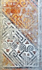 Polychrome reliefs with zoomorph and anthropomorph themes of the mochica culture at El Brujo...