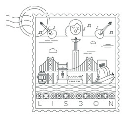 Lisbon stamp minimal linear vector illustration and typography design, Portugal