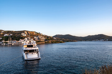 Luxury white yacht, boat is moored inTzia island, Greece.