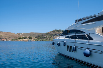 Fototapeta premium Luxury yacht moored inTzia island, Greece. Closeup view