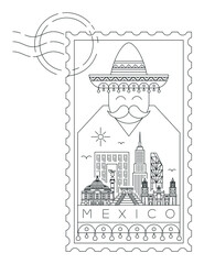 Mexico stamp minimal linear vector illustration and typography design