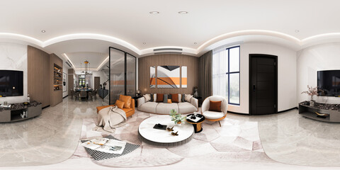 3d render of modern home living room 360 degrees view