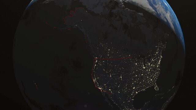 Seamless Looping 3d animated earth showing the boarders of the USA and the state Illinois at night in 4K resolution