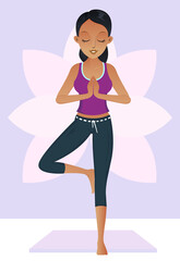 African american lady meditating in yoga tree pose	