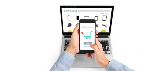 Hand holding smartphone device and touching screen, Business owner working. Online shopping SME entrepreneur