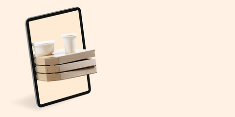 Pizza and coffee. Home delivery, food purchase, order via the Internet. Your smartphone - all you need for food arriving to any address. Flyer with copyspace for ad. Shopping, deliverying goods