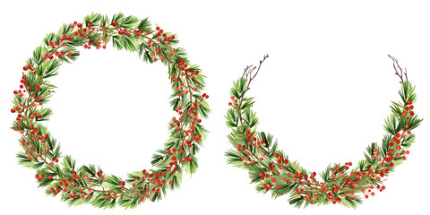 New year and Christmas wreath set. Evergreen branches with red holly berries. Round Christmas frames with place for date, inscription, text. For your greeting cards, banners, invitation, announcements