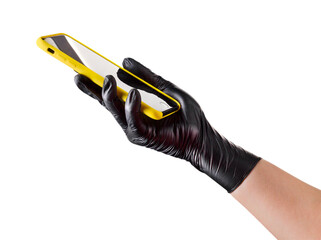 Hand in black glove holding mobile phone with blank screen isolated on white