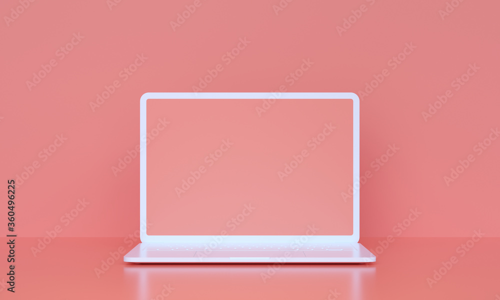 Poster 3d white computer notebook with empty screen on pink background