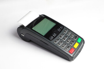 Credit card reader machine isolated on white background.