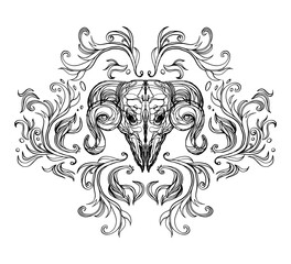 Realistic detailed hand drawn illustration of an old animal skull with big horns, abstract vintage elements. Graphic tattoo style art on occult theme. Design for t-shirt clothes print.