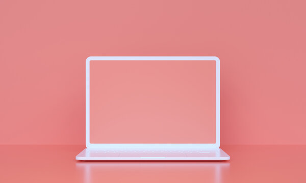 3d white computer notebook with empty screen on pink background